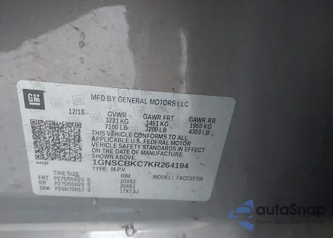 2019 Chevrolet Tahoe Lt z USA, uszkodzony, nr VIN 1GNSCBKC7KR264194